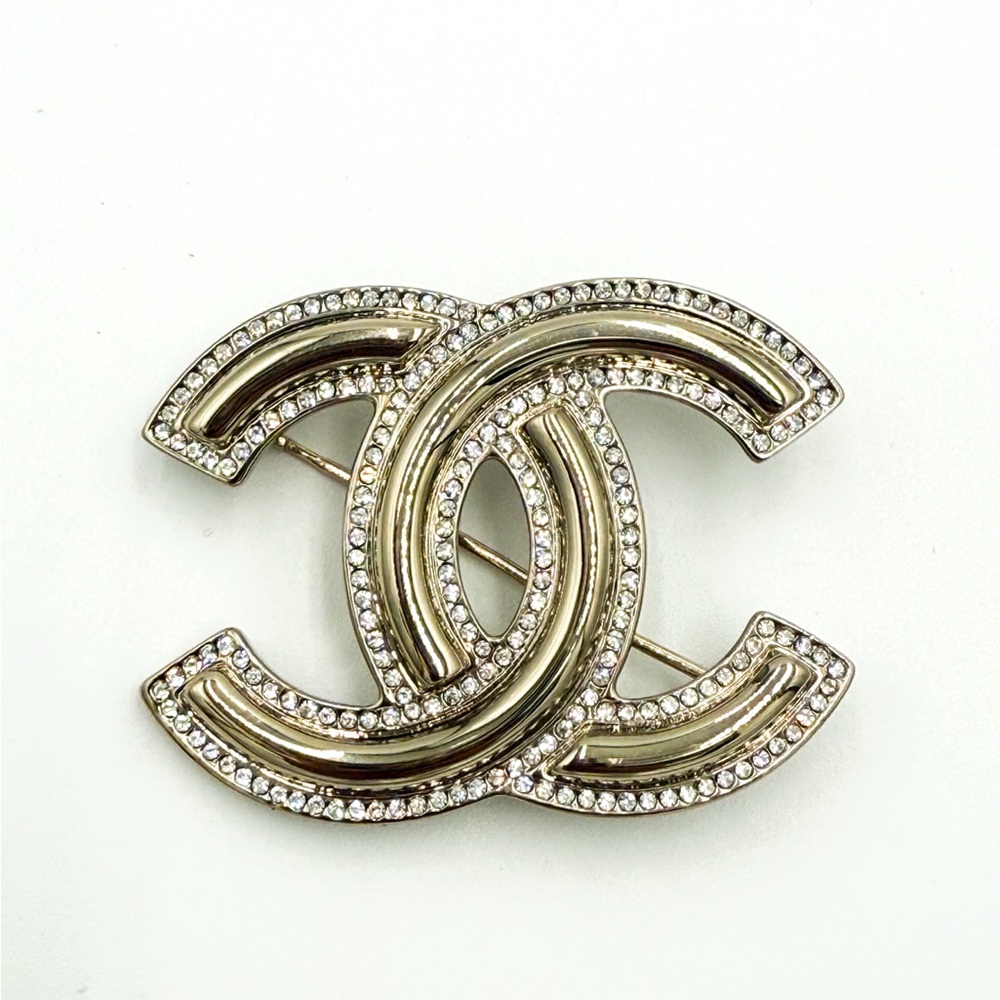 COA Chanel Gold and Crystal CC Brooch